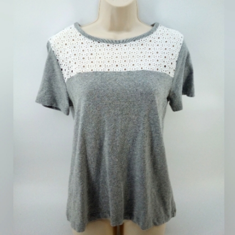 J. Crew Factory Gray Short Sleeve Tee with White Eyelet Yoke